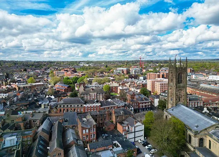 Derby skyline showing the cathedral and Rothera Bray office