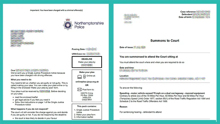Examples of Single Justice Procedure notice and a court Summons